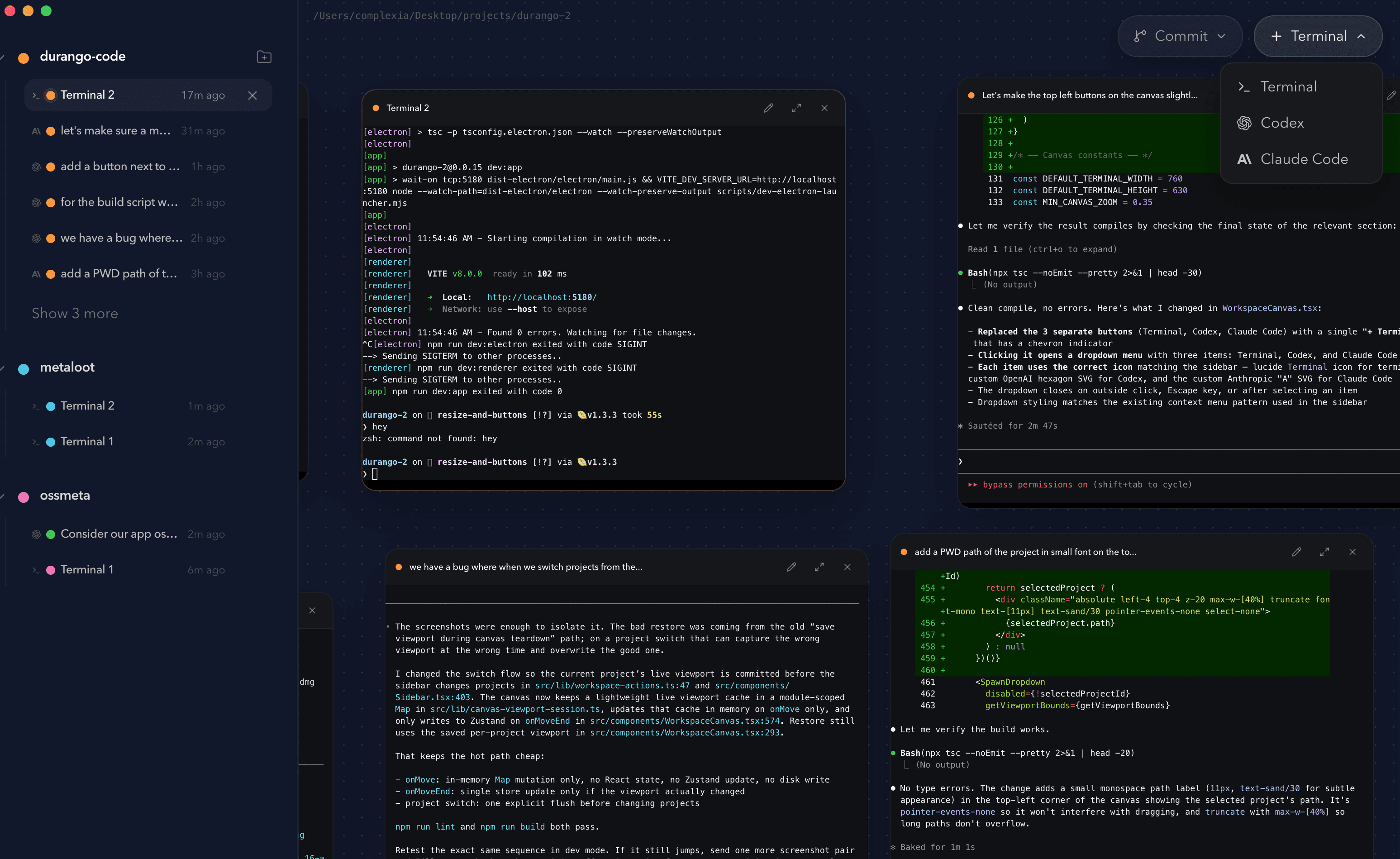 Durango Code desktop workspace preview with an infinite canvas of terminal-native AI coding sessions
